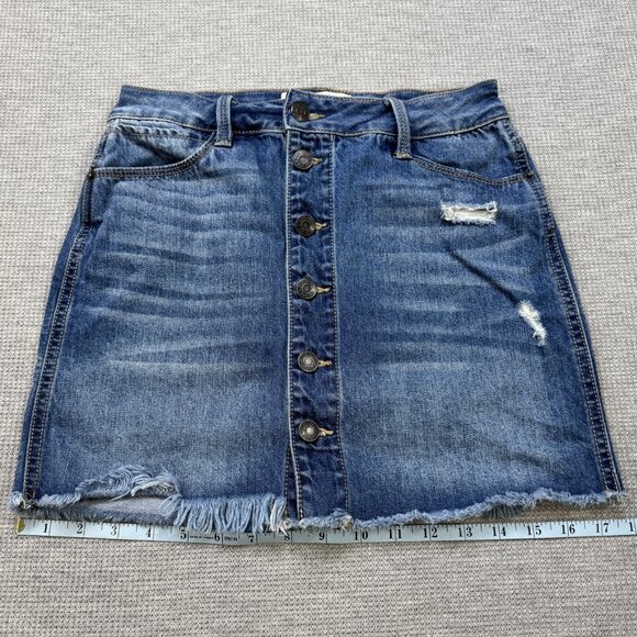 Mudd Womens Blue Distressed Denim Skirt Button Front FLX Stretch Raw Hem Size 1 - Picture 11 of 12